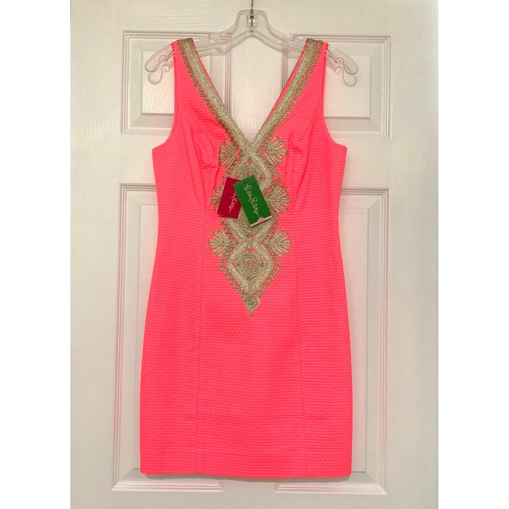 NWT Lilly Pulitzer Junie Shift Dress sz 0 Golden Metallic Lace Coral Reef